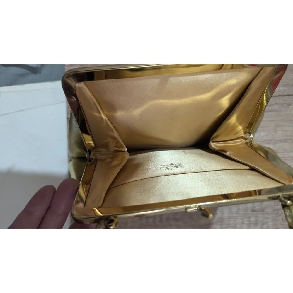 Vintage Joseph Magnin Gold Metallic Evening Purse With Ornate Frame & Satin Inte